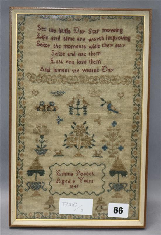 An 1841 framed sampler by Emma Pocock 31 x 19cm